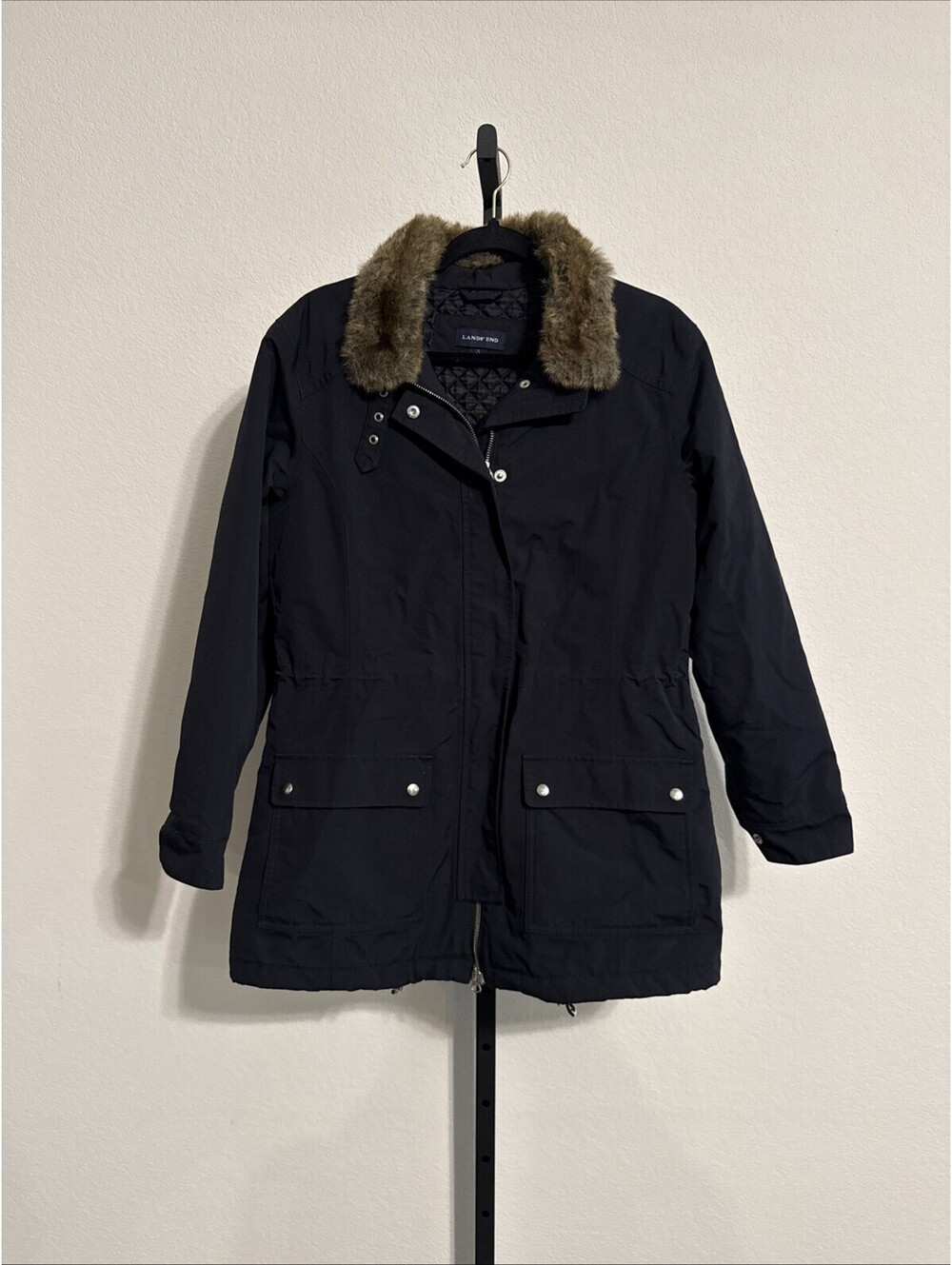 Lands End Parka Jacket Blue w/ Faux Fur Collar  Size S 6-8